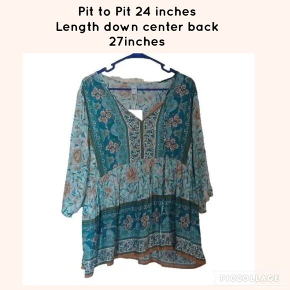 Women"s Boho Short Sleeve Top by Brown Coco Size 0XL NWT - Picture 4 of 4